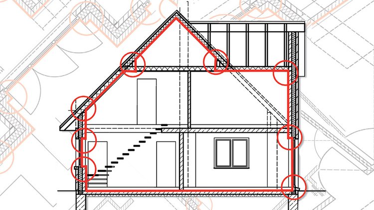 A side-on cross-sectional drawing of a house, with a red line illustrating the airtightness layer and red circles marking critical nodes in this layer.